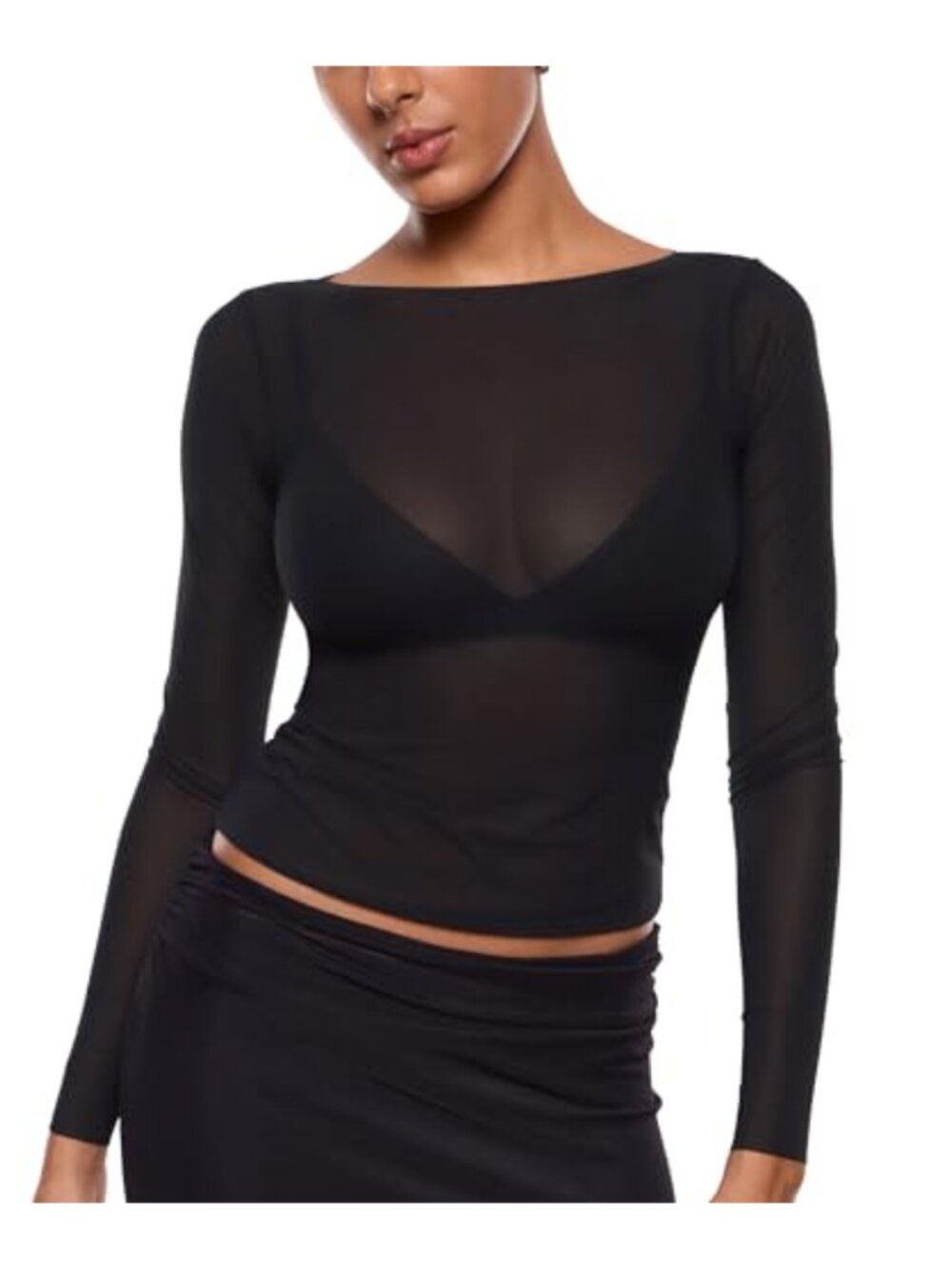 Sheer Mesh Long Sleeve Boat Neck Top Slim Fit Peasant Blouse